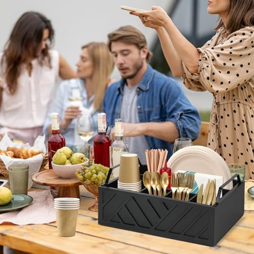 Ukonvi Paper Plate Dispenser and Holder for Kitchen Counter, Wood Rustic Silverware Utensil Caddy, Cutlery Flatware Orga