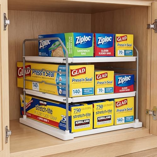 EVERIE Extendable 3-Tier Kitchen Cabinet & Pantry Organizer for Plastic Wrap, Foil & Storage Bags, Adjustable Heavy Duty