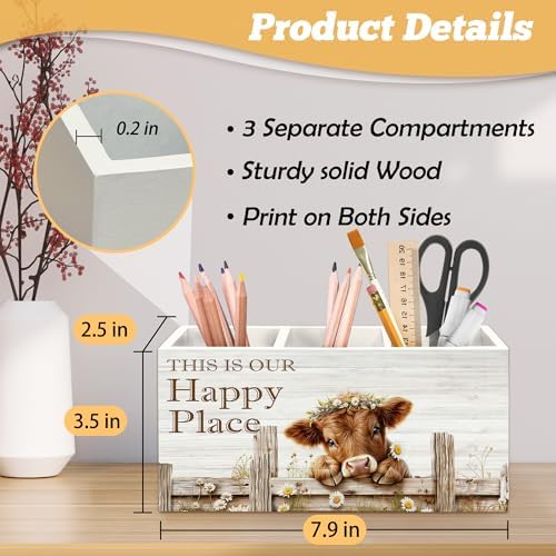 Highland Cow Pen Holder Organizer for Desk Accessories, This Is Our Happy Place Rustic Farmhouse Wooden Box Sign Desk Decorations for Home Bedroom Office Decor, Highland Cow Gifts