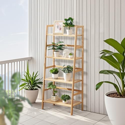 VEVOR 4-Tier Bamboo Ladder Shelf, Trapezoid Open Bookcase, Display Storage Rack Organizer, Freestanding Flower Plant Sta