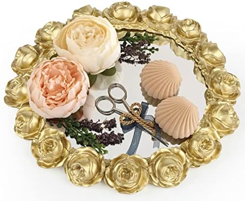 Vixdonos Decorative Round Mirror Tray Bathroom Vanity Tray with Gold Resin Rose for Perfume,Jewelry and Makeup