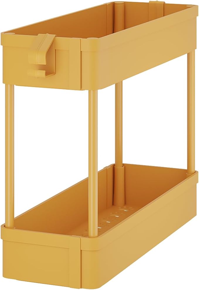 Under Sink Organizers Storage Rack, 2 Tier Under Bathroom Cabinet Shelf Basket, Multi-Purpose Storage Cart with Hooks for Kitchen Bathroom Bedroom Livingroom, Yellow