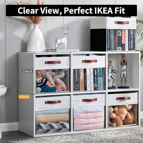 Bagnizer Storage Cubes, 4 Pack Linen Foldable Storage Bins with Clear Window and 2 Handles, 13x15x13 Storage Cube Bins for Shelf Closet, Kallax, Clothes, Books - (Black / Off-White)