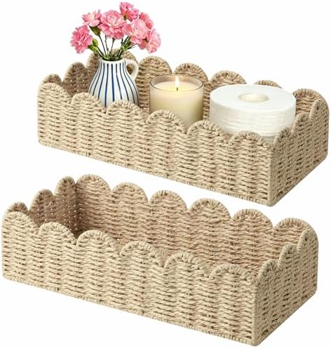 2 Pack Scalloped Wicker Shelf Baskets，Handwoven Paper Rope Basket Organizer for Toilet Tank & Shelves, Decorative Woven Storage Bin for Living Room, Bedroom & Entryway, Beige