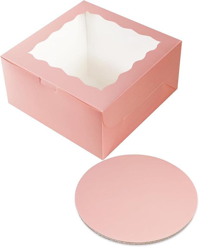 qiqee 10x10x5 Cake Box, 4 Sets Pink Cake Box with Window ＆ 4 Sets 10" Pink Cake Round Boards, 10inch Cake Containers