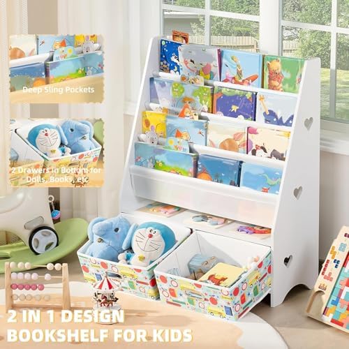 Lerliuo 5 Tier Kids Bookshelf, White Children Sling Book Shelf with 2 Drawers, Baby Toddler Wooden Bookcase and Book Rac