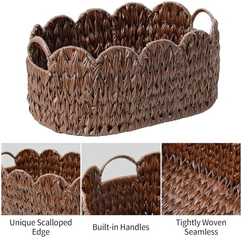 Coeusy Wicker Scalloped Basket Set of 2,Woven Storage Baskets for Shelves,Closet,Laundry,Gift,Towels,Books,Toys,Waterproof Cute Decor Basket for Organizing,Brown