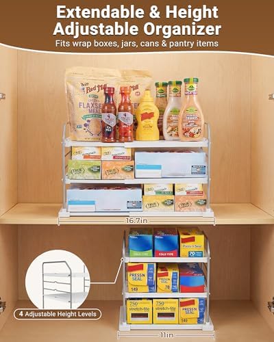 EVERIE Extendable 3-Tier Kitchen Cabinet & Pantry Organizer for Plastic Wrap, Foil & Storage Bags, Adjustable Heavy Duty