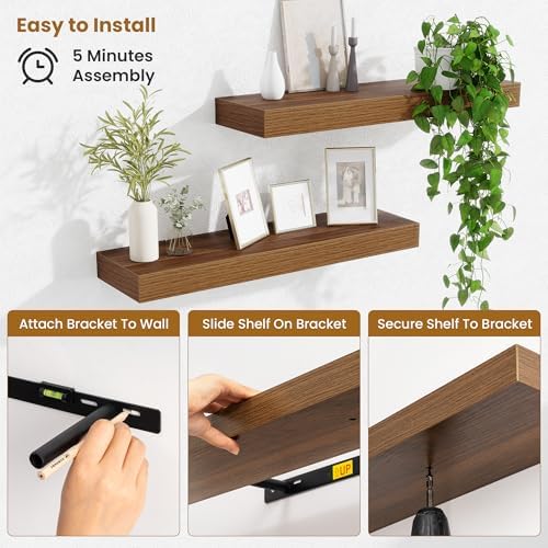 Fun Memories Floating Shelves Set of 2, 24 Inch Floating Shelves for Wall, Wood Wall Shelves with Invisible Brackets, fo