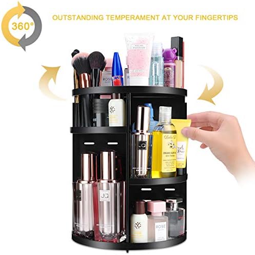 360 Spinning Makeup Organizer, Round Storage Rack Makeup Carousel Cosmetics Shelf Tower for Countertop and Bathroom, Bla