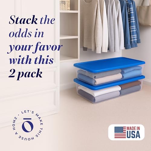 HOMZ 2-Pack Snaplock, Large Clear Plastic Storage Organizer Bins w/Lids, 41 Quart, Blue - Stackable Container Boxes for 