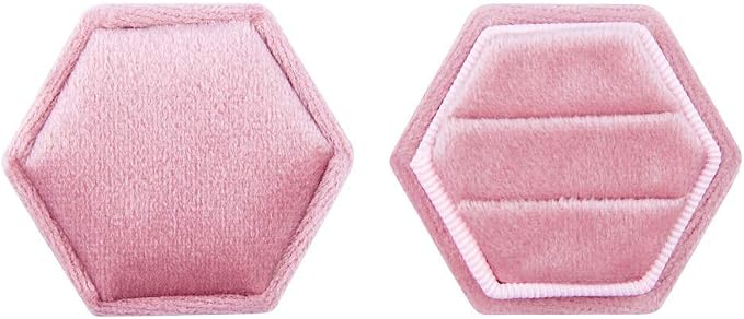DesignSter Velvet Ring Box Hexagon - Premium Gorgeous Vintage Double Ring Display Holder with Detachable Lid for Proposal, Engagement, Wedding, Ceremony (Pink)