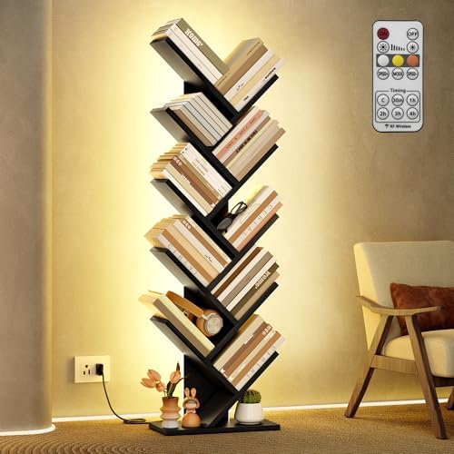 Hoctieon 10 Tier Tree Bookshelf with LED Lights, Small Bookcase, Freestanding Book Shelf, Display Floor Standing Storage