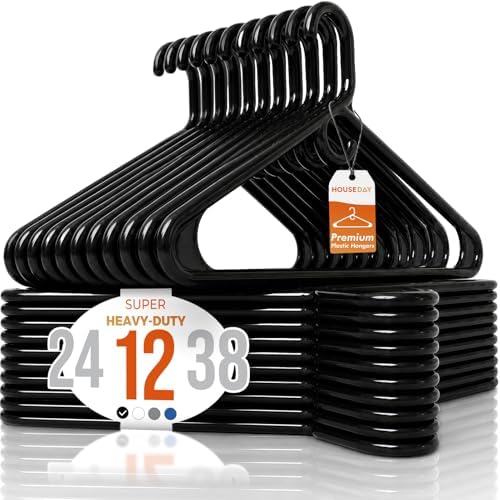 HOUSE DAY Heavy Duty Plastic Hangers 12 Pack - Thick Black Clothes Hangers