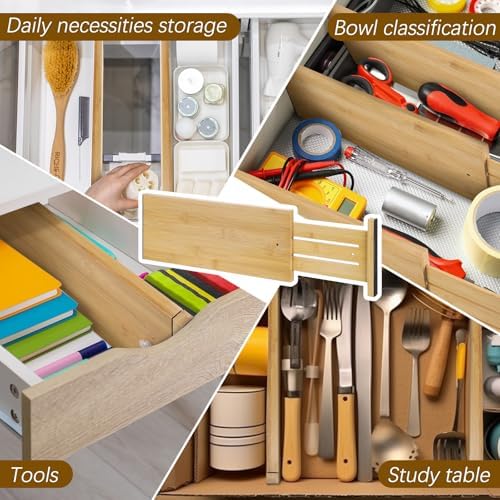 DoubleFill 8 Pcs Deep Bamboo Drawer Dividers, Deep Kitchen Dresser Drawer Organizer with Spring Loaded for Clothes, Adju