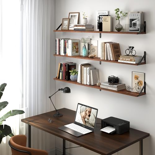 Heimlove 48 Inch Large Wall Bookshelves Set of 3, Wall Mounted Bookshelves,Heavy Duty Wooden Shelves for Living Room,Bed