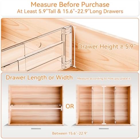 Yieach 12 Pack Clear Acrylic Drawer Divider 6 Inch High,Expandable from 14-20'',Adjustable Dresser Drawer Dividers for B