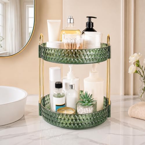 Large Capacity Rotating Makeup Organizer Perfume Stand Holder, 2 Tier Green