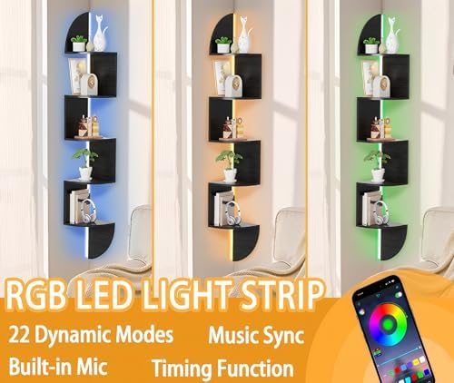 Waipfaru Corner Shelf, 5 Tier Bookshelf with LED Light, Corner Shelf Wall Mounted, Floating Shelves for Wall, Display St