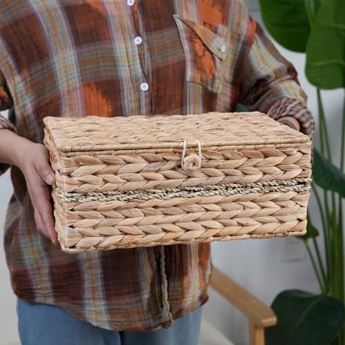 Wicker Basket with Lid,Woven Hyacinth Storage for Home Organizer