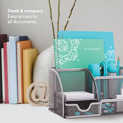 Mindspace Office Desk Organizer with 6 Compartments + Drawer + Pen & Pencil Holder | The Mesh Collection, Silver