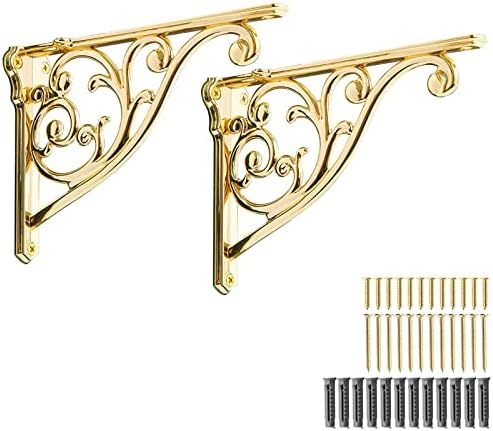 khtumeware Shelf Brackets 8 Inch 2pack Heavy Duty Gold Brass Wall Bracket Baroque Kitchen Decorative Rack Shelves, Inclu