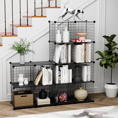 Wire Cube Storage Organizer, 12-Cube Metal Storage Shelves Bookshelf, Stackable Modular Closet Organizer for Bedroom Liv