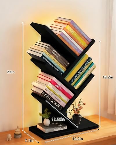 Small Bookshelf with Liting,5-Tier Wood Black Bookshelf,Desktop BookShelf