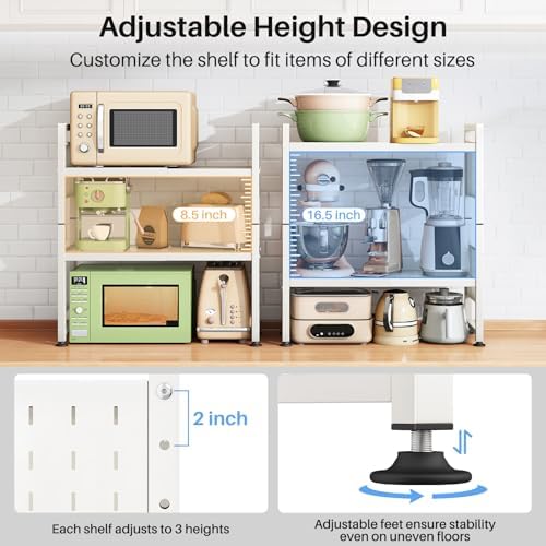 Expandable Microwave Stand, Heavy Duty 3-Tier Adjustable Microwave Oven Rack with 8 Hooks & 2 Holders, Space-saving Kitc