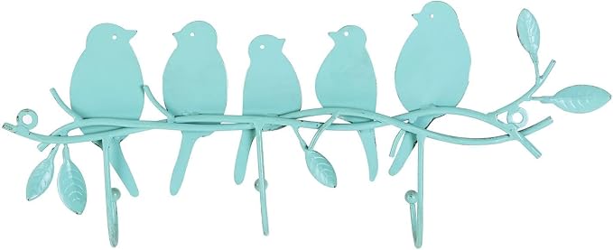 SOFFEE DESIGN Vintage Metal Wall Mounted Coat Rack with 3 Hooks, Birds on Tree Branch Hanger Key Holder Wall Organizer for Hats, Towels, Clothes, Scarves, Jewelry Wall Decoration - Green
