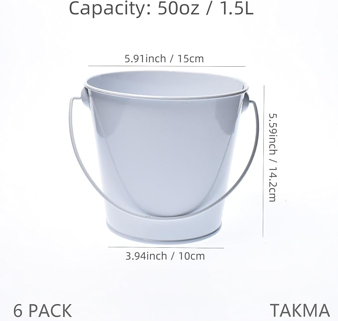 Colored Metal Buckets with Handle, 6 Pack 5.91 Inch Galvanized Iron Pail Bucket for Kids,Classroom,Crafts,and Party Favors (White)