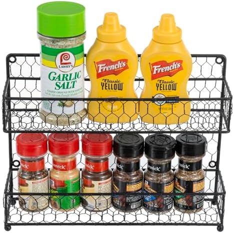 MyGift Spice Rack Wall Mount, Counter 2 Tier Spice Rack, over the Stove Seasoning Jar Storage Organizer, Black Metal Wir