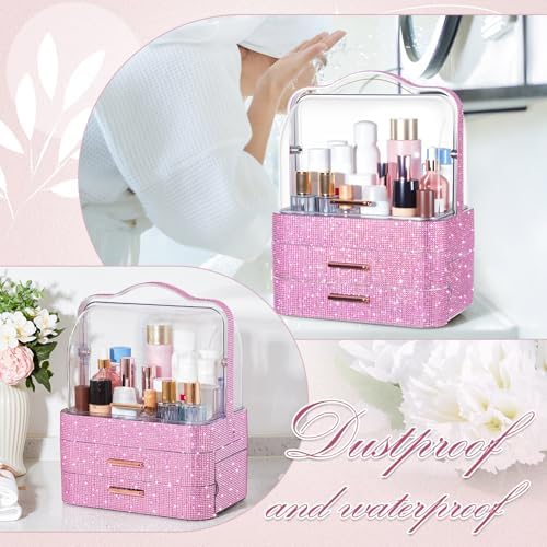Honeydak Rhinestone Makeup Organizer with 2 Drawers Lid, Pink, Rhinestone