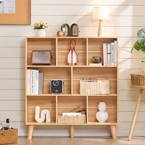 LEYAOYAO 8 Cube Bookshelf, Mid-Century Modern Book Shelf with Legs, Natural