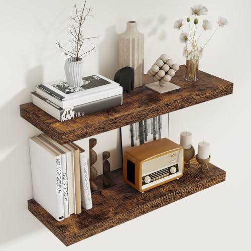 Floating Shelves for Wall, 27.5 Inch Bathroom Shelves Set of 2, Rustic Wood Wall Shelf with Invisible Brackets for Books