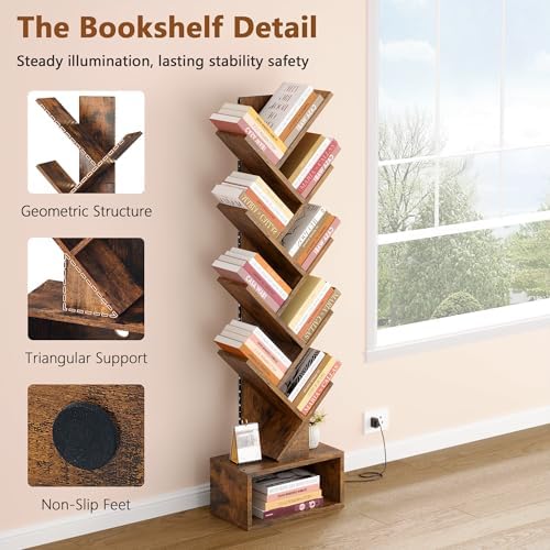 Hoctieon 9 Tier Tree Bookshelf, Tall Bookcase, Freestanding Book Shelf with LED Lights, Display Floor Standing Storage S