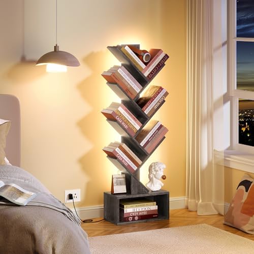 Hoctieon 6 Tier Tree Bookshelf with LED Lights, Small Bookcase, Freestanding Book Shelf, Display Floor Standing Storage 