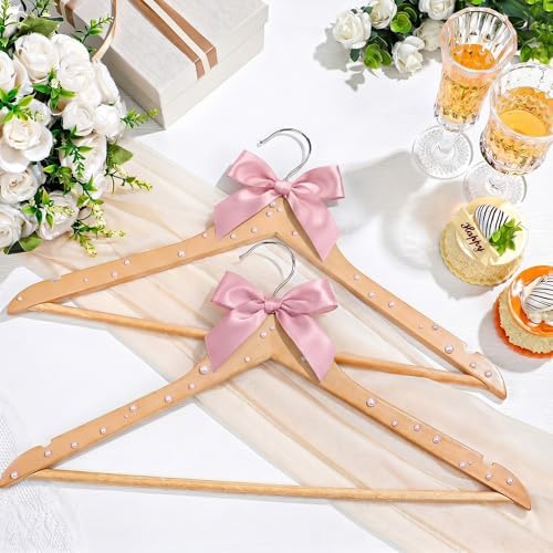 Wonderjune Blush Pink 10 Pcs Bride Hanger for Wedding Bride Groom Bridesmaid Ribbon Bow Pearl Hanger Wood Color Elegant Wooden Dress for Bridal Shower Tuxedo Photo Keepsake Party Gift (Pearl Bow)
