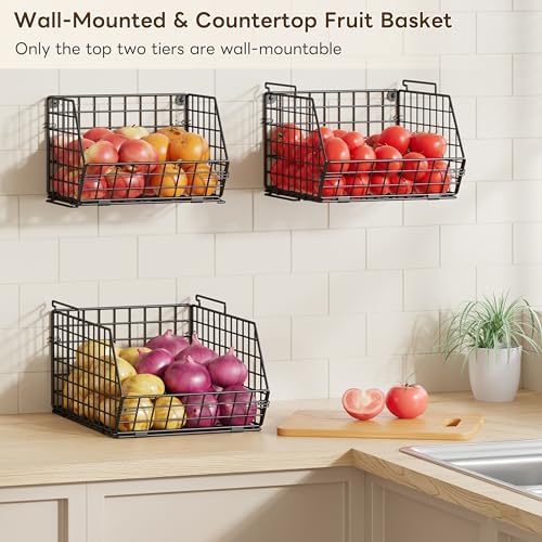 3-Tier Stackable Wire Baskets, Fruit and Vegetable Storage for Counter