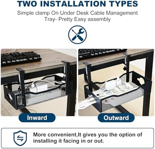 Large Under Desk Cable Management Tray - Heavy Duty Metal Cord Organizer with No Drill Installation for Office & Home Of