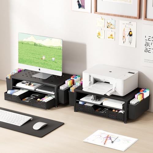 OPNICE Desk Organizer and Accessories, 2-Tier Computer Monitor Stand Riser with Drawer and 2 Pen Holders, Laptop Stand, 