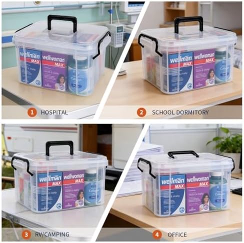 Set of 2 Medicine Organizer - Plastic Storage Box with Handle Clear