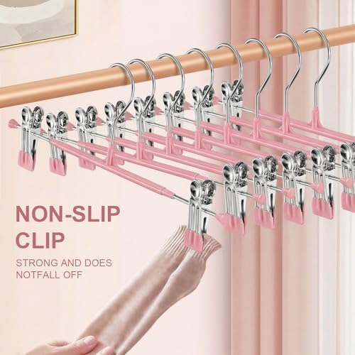 POZEAN Pants Hangers with Clips for Women 50 Pack, 12Inch Adjustable Heavy Duty Skirt Hangers, Space Saving Non-Slip Shorts Jeans Trousers Clothes Hangers, Pink