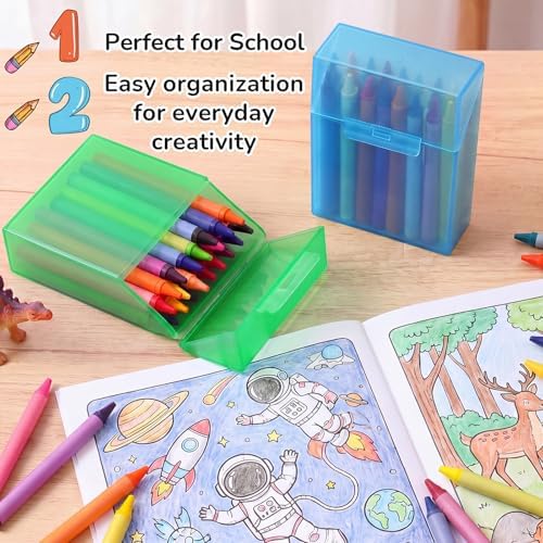 Clabby 2 Pcs Clear Plastic Crayon Boxes Hold 24 Count, Blue,Green