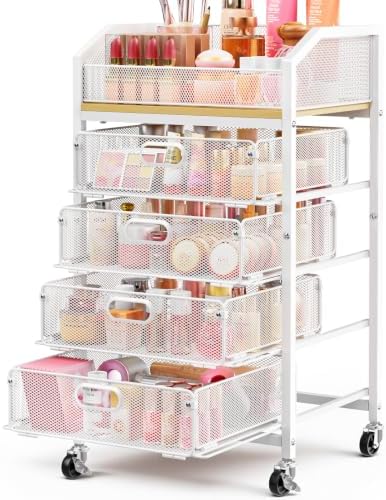 SUNALLY Rolling Makeup Cart with Drawers, Rolling Vanity Nail Cart, White