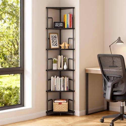 MAHANCRIS 6-Tier Corner Shelf, 65" Tall Corner Bookshelf with Metal Frame, Narrow Display Shelf Stand, Industrial Corner