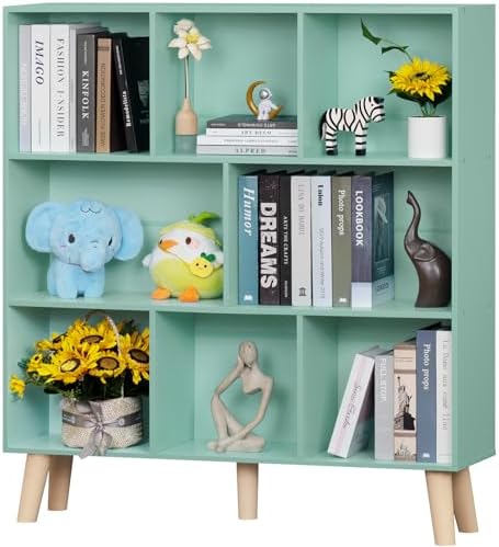 LEYAOYAO 8 Cube Bookshelf, Mid-Century Modern Book Shelf with Legs, Green