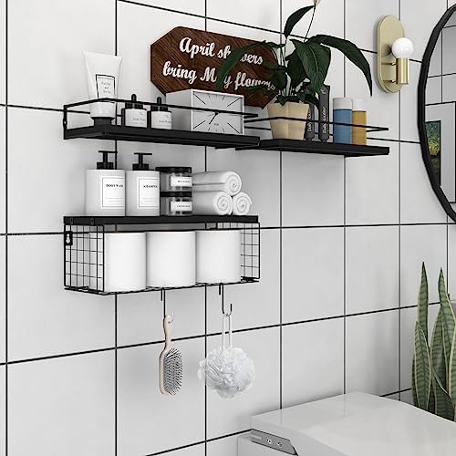 Black Floating Shelves with S Hooks, Wall Mounted Bathroom Shelves Over Toilet with Toilet Paper Basket, Bathroom Organi