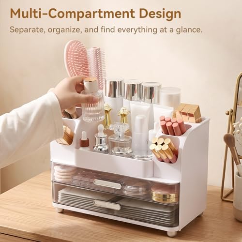Makeup Organizer for Vanity with 2 Large Drawers and 6 Brush Holders, White