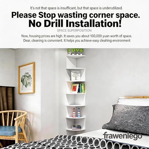 No-Drill Corner Shelf Wall Mount, 7-Tier Floating Corner Bookshelf with Hooks, Space-Saving Zigzag Plant Shelf for Bedro
